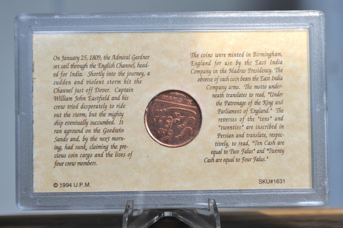 1808 East India Company Ten Cash Ship Wreck Coin in Packaging - 186 Year Old English Shipwreck of Admiral Gardner - East India Company - Ear