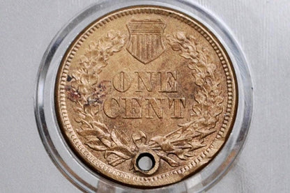 1860 Indian Head Penny - Uncirculated Details, Holed - Round Bust - 1860 Cent Indian Head 1860 Damage Coin / Discount Coin