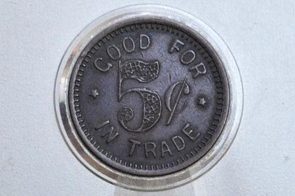 Vintage Jukebox Token - Good For One Tune Token - 5 Cent Brass Token
