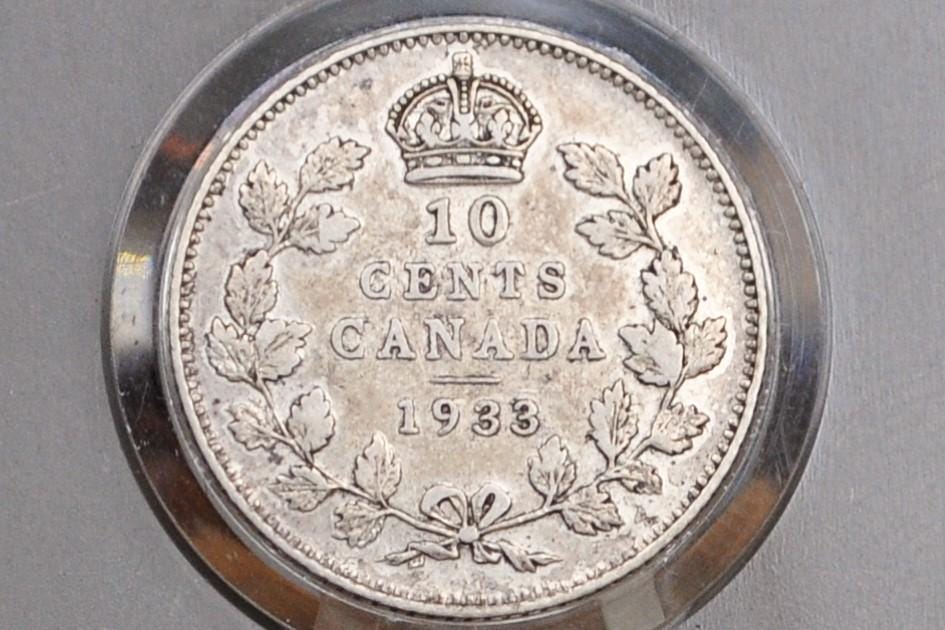 1933 Canadian Silver 10 Cent Coin - XF (Extremely Fine) Condition - King George - Canada 10 Cent 80% Silver 1933 - Rarer Date, Low Mintage