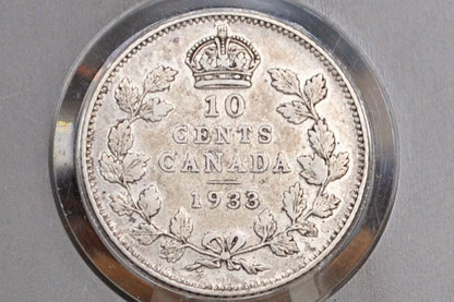 1933 Canadian Silver 10 Cent Coin - XF (Extremely Fine) Condition - King George - Canada 10 Cent 80% Silver 1933 - Rarer Date, Low Mintage