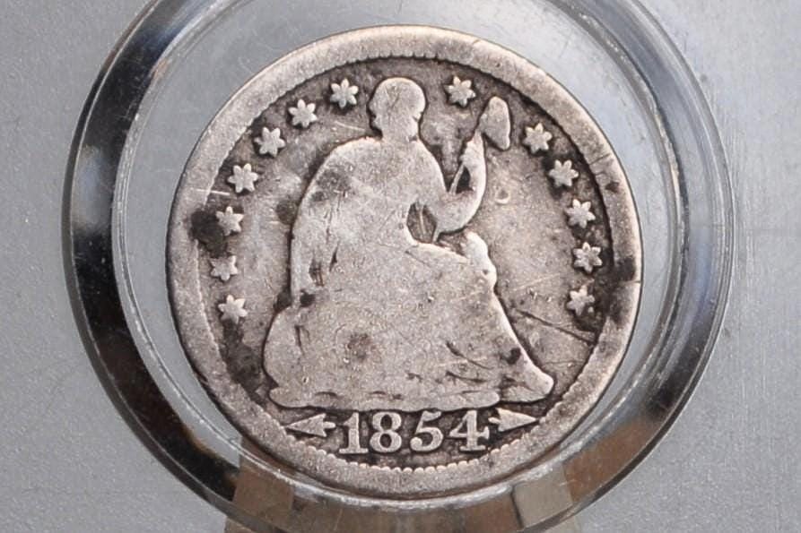 1854 Half Dime - G (Good); Great Type Coin - 1854 Seated Liberty Half Dime - Early American Coin - 1854 Silver Half Dime Liberty Seated