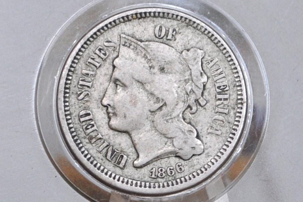 1866 Three Cent "Nickel" Us Coin - Civil War Era - Great Condition - Choose by Grade / Condition - Us 3 Cent Coins