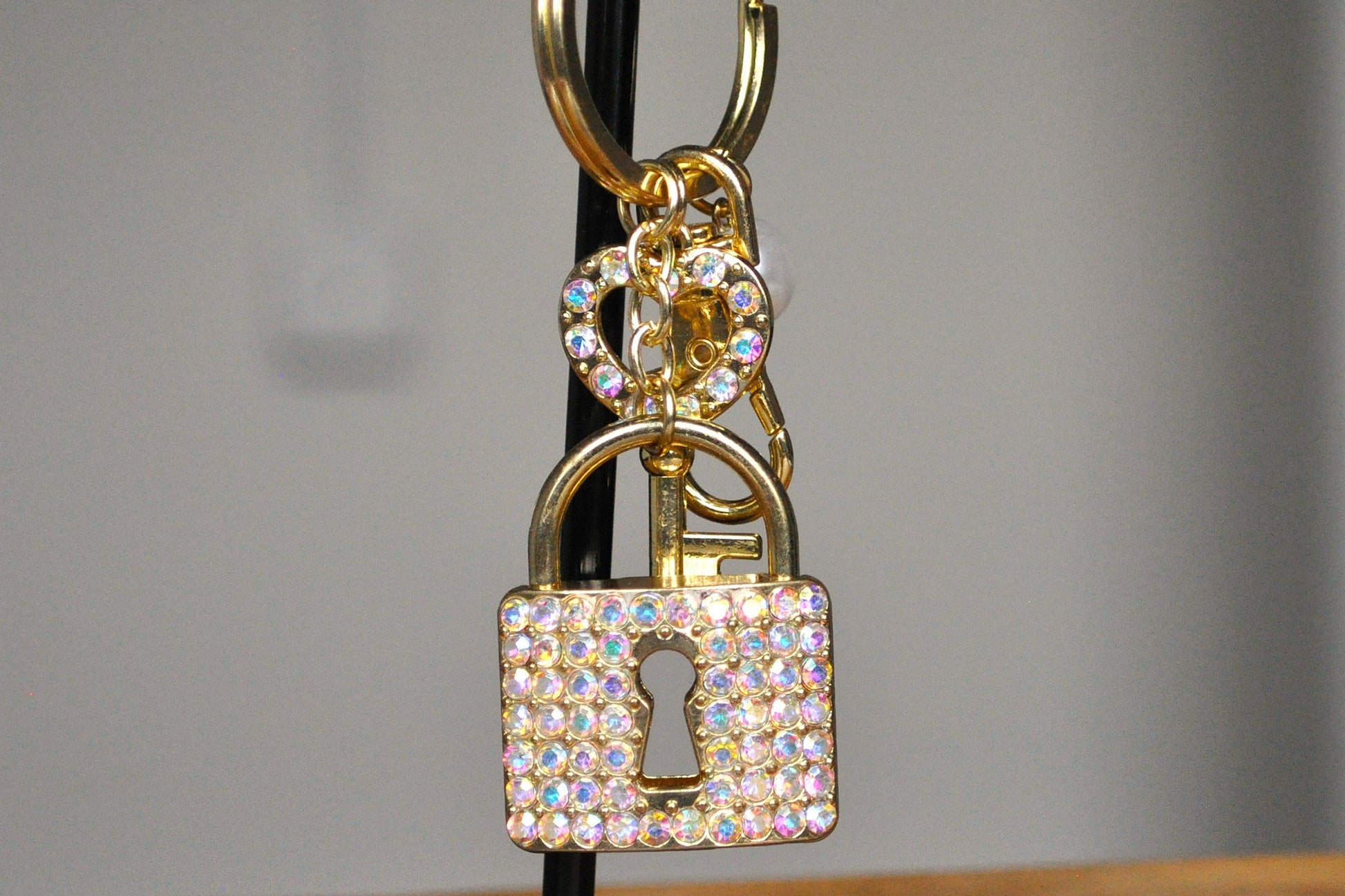Sparkling Gold Tone Lock & Key Keychain - Rhinestone Studded Heart Key and Lock - Non-Opening Lock