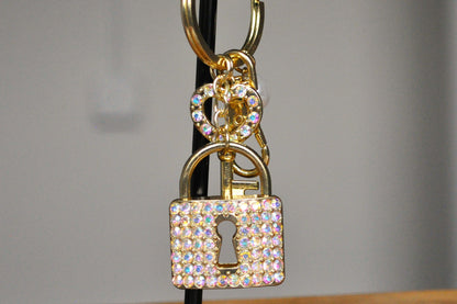 Sparkling Gold Tone Lock & Key Keychain - Rhinestone Studded Heart Key and Lock - Non-Opening Lock