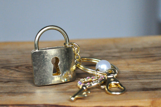 Sparkling Gold Tone Lock & Key Keychain - Rhinestone Studded Heart Key and Lock - Non-Opening Lock
