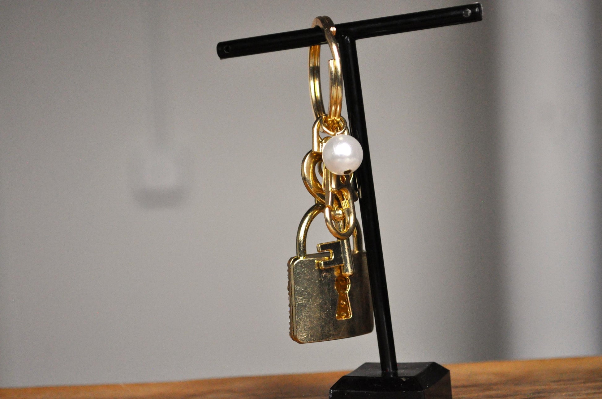 Sparkling Gold Tone Lock & Key Keychain - Rhinestone Studded Heart Key and Lock - Non-Opening Lock