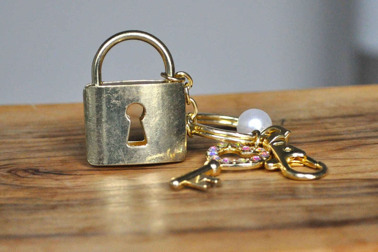 Sparkling Gold Tone Lock & Key Keychain - Rhinestone Studded Heart Key and Lock - Non-Opening Lock