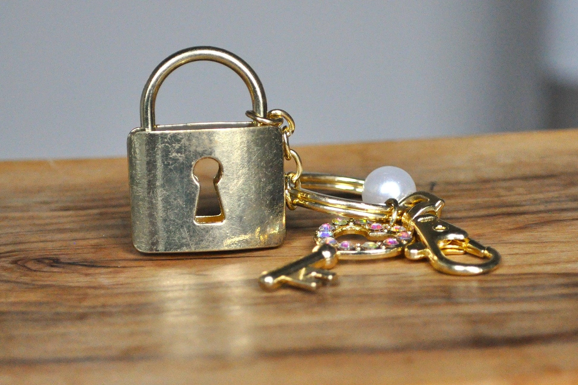 Sparkling Gold Tone Lock & Key Keychain - Rhinestone Studded Heart Key and Lock - Non-Opening Lock