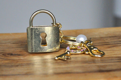 Sparkling Gold Tone Lock & Key Keychain - Rhinestone Studded Heart Key and Lock - Non-Opening Lock