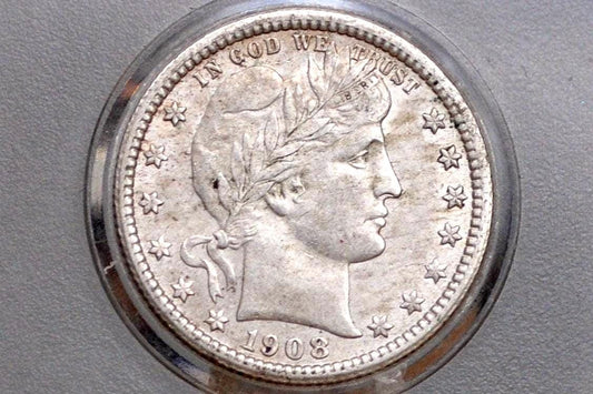1908 Barber Quarter - Choice AU (About Uncirculated) Grade / Condition - Philadelphia Mint - 1908 P Quarter, High Grade, Beautiful Coin