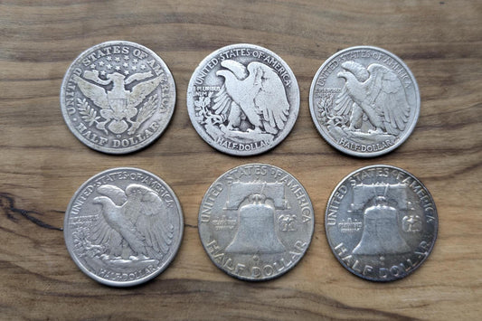 Small Silver Half Dollar Collection - 6 Half Dollars - Various Dates and Mints - Barber, Franklin, Walking Liberty
