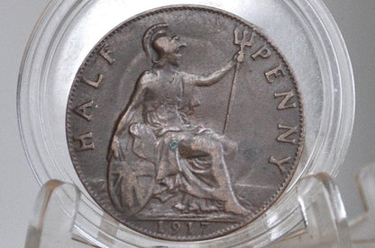 1917 Great Britain Half Penny - XF Condition - UK Large Penny 1917 - King George V 1/2 Penny - Bronze -