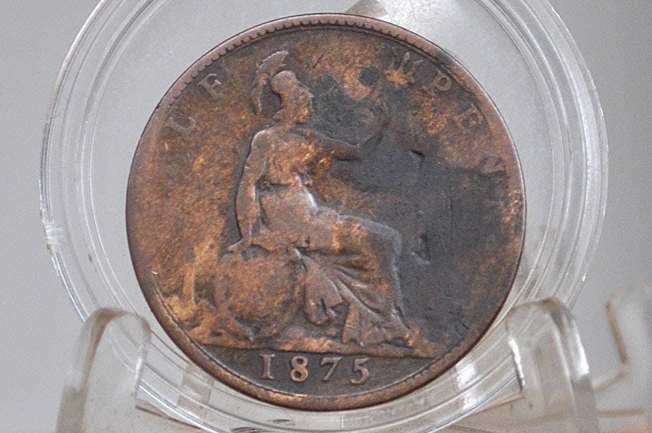 1875 Great Britain Half Penny - VG/F Condition - UK Penny 1875 Queen Victoria Penny -