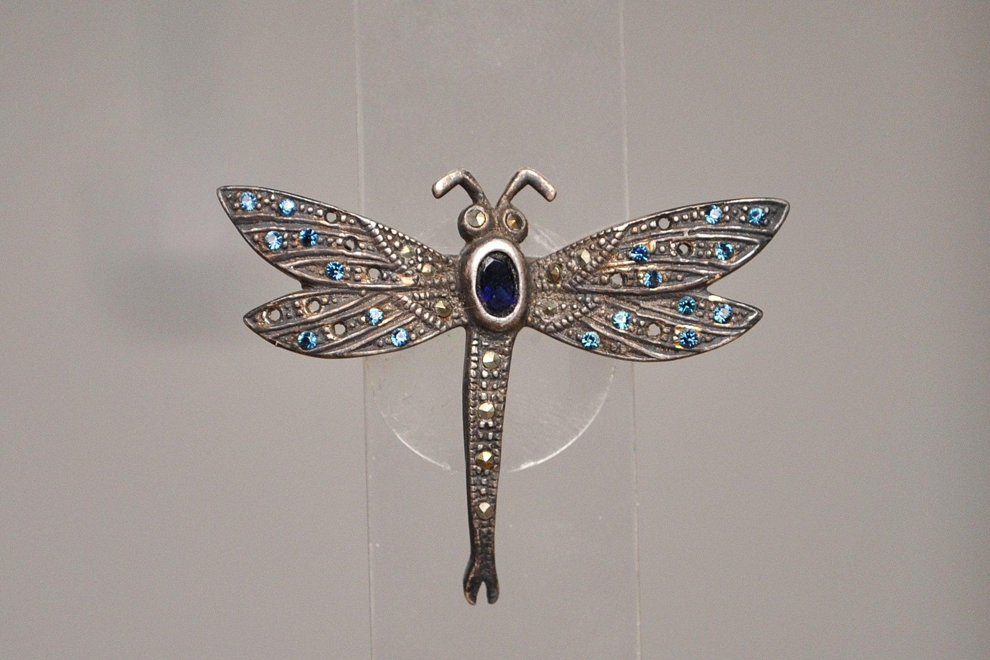 Stunning Sterling Silver Studded Sapphire Dragonfly Brooch - Tested Sterling Silver - Studded Bug Jewelry