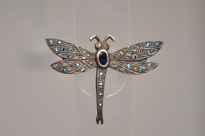 Stunning Sterling Silver Studded Sapphire Dragonfly Brooch - Tested Sterling Silver - Studded Bug Jewelry