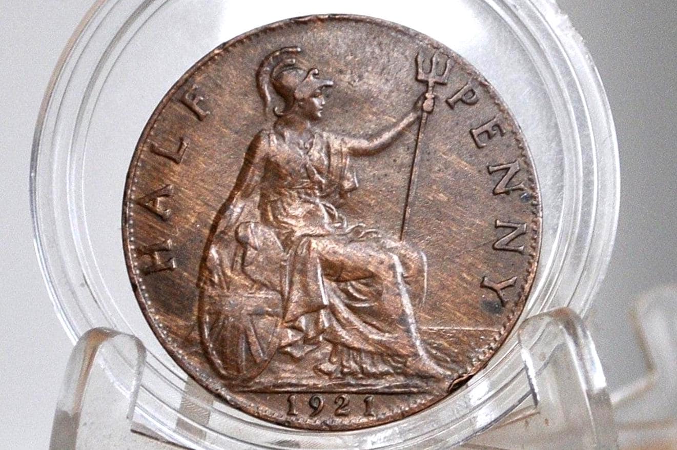 1921 Great Britain Half Penny - AU Condition - UK Large Penny 1921 - King George V 1/2 Penny - Bronze -