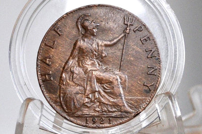 1921 Great Britain Half Penny - AU Condition - UK Large Penny 1921 - King George V 1/2 Penny - Bronze -