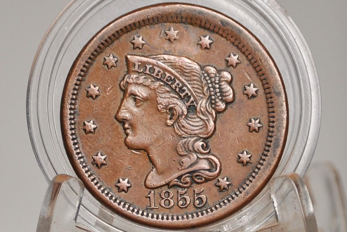 1855 Braided Hair Large Cent - Choose by Grade / Condition - 1855 Coronet Cent - 1855 US Large Cent - Braided Hair Upright 5
