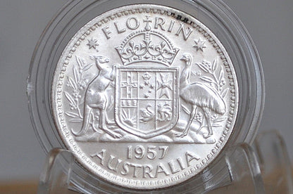 1957 Australian Silver Florin - Uncirculated Condition - Queen Elizabeth II - Great Coin! Silver Florin -