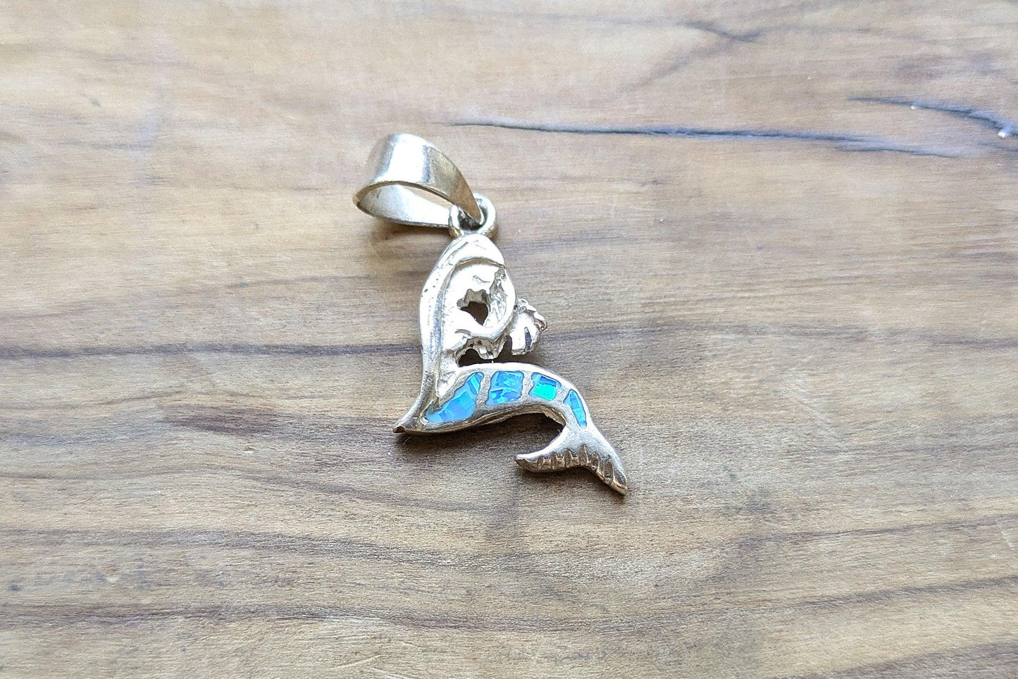 Sterling Silver Mermaid Inlay Fire Blue Opal Pendent - Stamped and Tested Sterling Silver - 950 Silver Mermaid Pendant