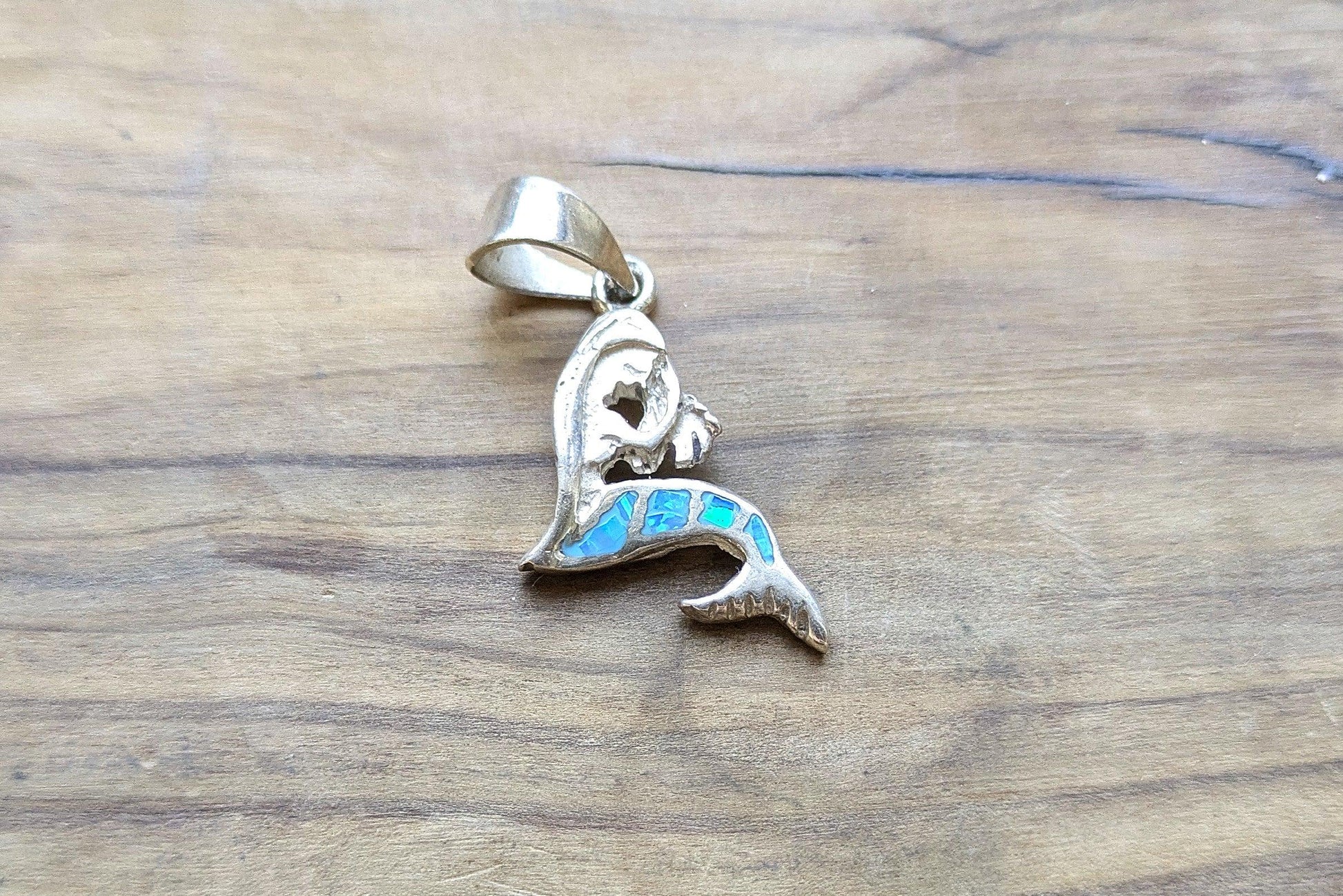 Sterling Silver Mermaid Inlay Fire Blue Opal Pendent - Stamped and Tested Sterling Silver - 950 Silver Mermaid Pendant