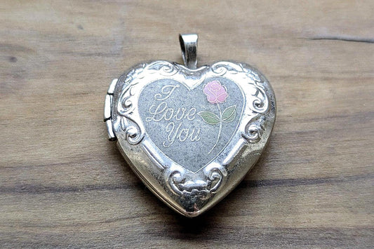 Sterling Silver "I Love You" Rose Heart Locket Pendent - Stamped and Tested Sterling Silver - Penny Sized Locket