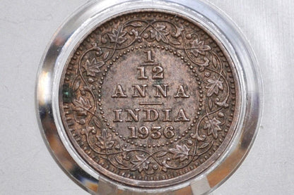 India 1/12 Anna 1936 - AU Condition - 1936 India One Twelfth Anna - British India One Quarter Anna, High Grade, Great Coin