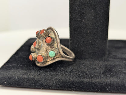 Sterling Silver Native American Southwest Turquoise Coral Inlay Ring - Size 9 - Tested Sterling Silver - Zuni Turquoise Coral Shield Ring