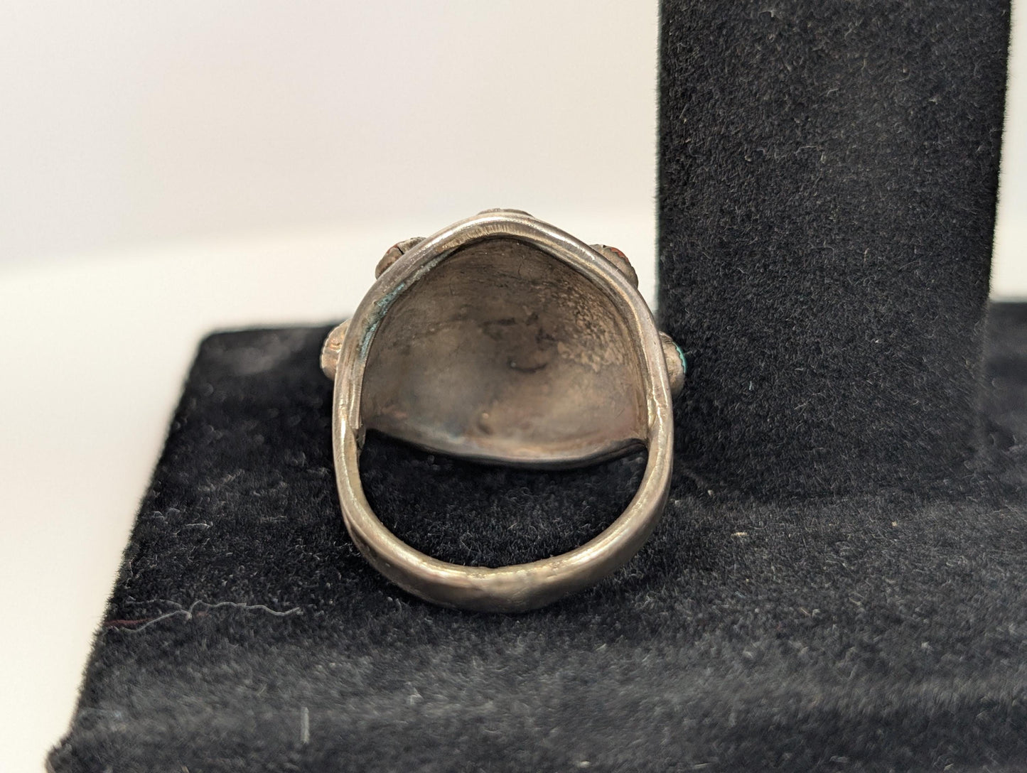 Sterling Silver Native American Southwest Turquoise Coral Inlay Ring - Size 9 - Tested Sterling Silver - Zuni Turquoise Coral Shield Ring