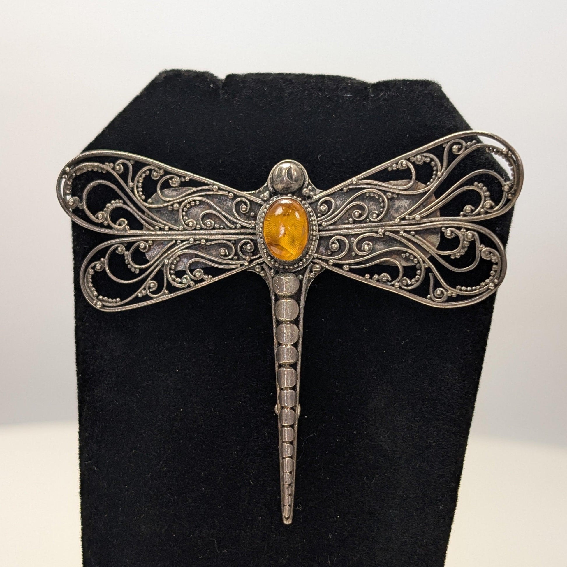 Sterling Silver Amber Dragonfly Filigree Brooch - Stamped and Tested Sterling Silver - Modernist Brooch pin