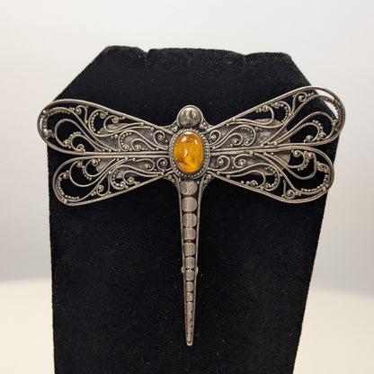 Sterling Silver Amber Dragonfly Filigree Brooch - Stamped and Tested Sterling Silver - Modernist Brooch pin