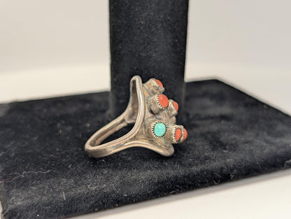 Sterling Silver Native American Southwest Turquoise Coral Inlay Ring - Size 9 - Tested Sterling Silver - Zuni Turquoise Coral Shield Ring