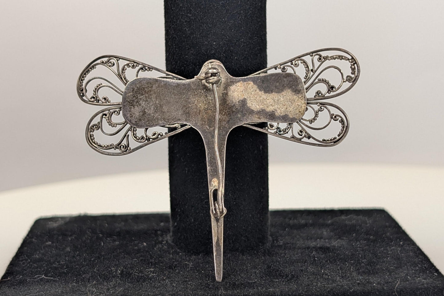 Sterling Silver Amber Dragonfly Filigree Brooch - Stamped and Tested Sterling Silver - Modernist Brooch pin