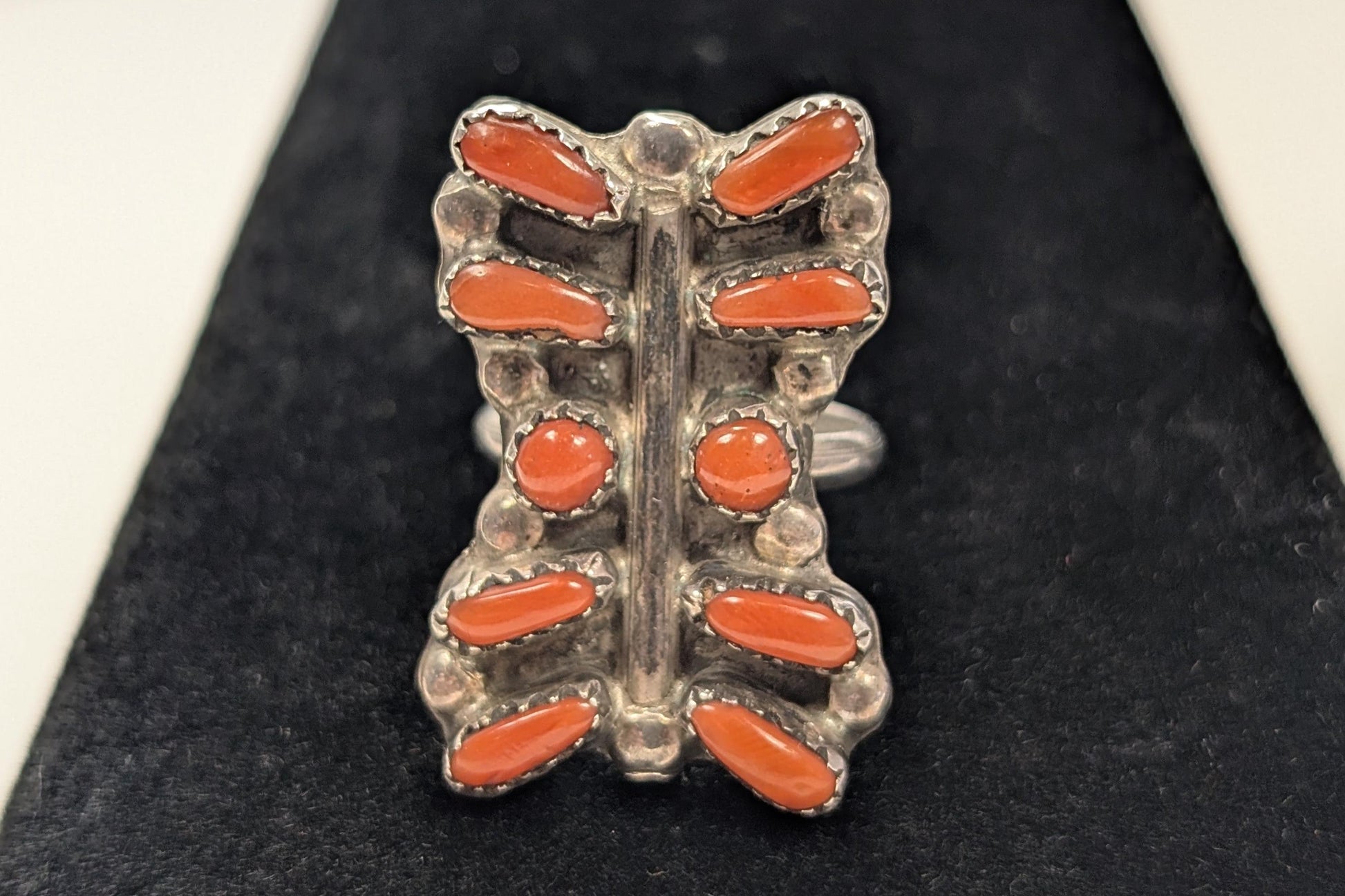 Sterling Silver Native American Southwest Coral Ring - Size 5 - Tested Sterling Silver - Zuni Coral Bar Shaped Ring