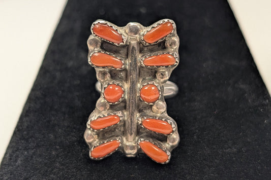 Sterling Silver Native American Southwest Coral Ring - Size 5 - Tested Sterling Silver - Zuni Coral Bar Shaped Ring