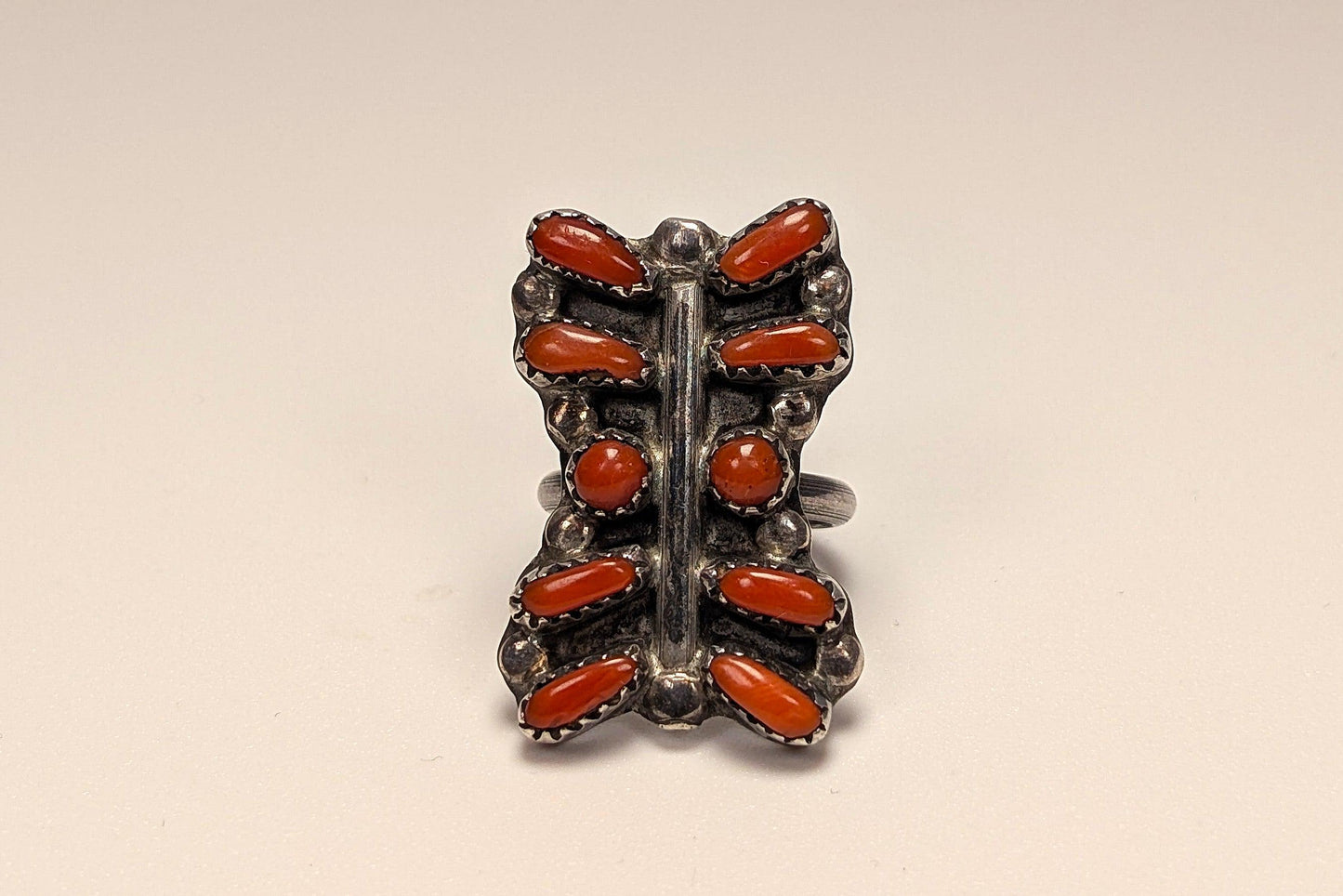 Sterling Silver Native American Southwest Coral Ring - Size 5 - Tested Sterling Silver - Zuni Coral Bar Shaped Ring