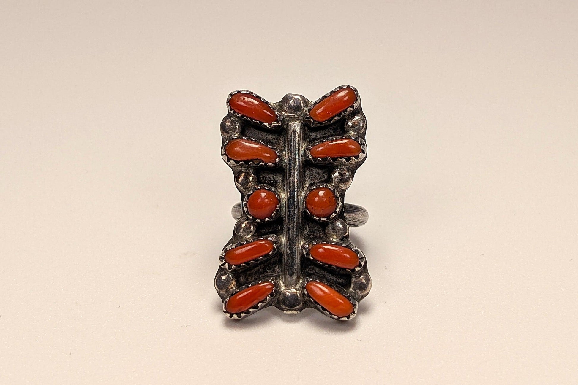 Sterling Silver Native American Southwest Coral Ring - Size 5 - Tested Sterling Silver - Zuni Coral Bar Shaped Ring