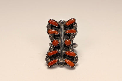 Sterling Silver Native American Southwest Coral Ring - Size 5 - Tested Sterling Silver - Zuni Coral Bar Shaped Ring