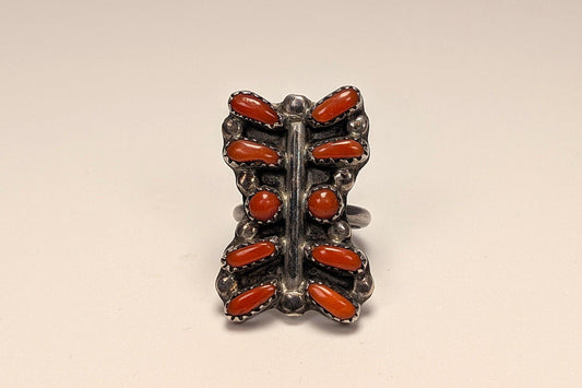 Sterling Silver Native American Southwest Coral Ring - Size 5 - Tested Sterling Silver - Zuni Coral Bar Shaped Ring