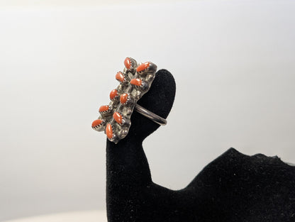Sterling Silver Native American Southwest Coral Ring - Size 5 - Tested Sterling Silver - Zuni Coral Bar Shaped Ring