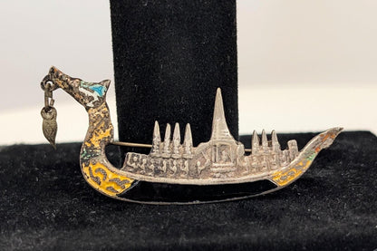 Antique Sterling Silver Dragonhead Ship Brooch - Stamped and Tested Sterling Silver - Siam Jewelry - Pre-1939 Thailand/Siam