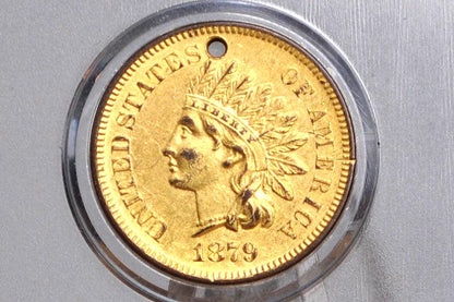 1879 Indian Head Penny - Uncirculated Details, Gold Plated, Holed - Great Date & Detail - Indian Head Cent 1879