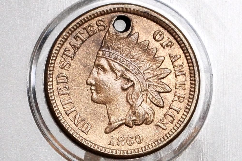 1860 Indian Head Penny - Uncirculated Details, Holed - Round Bust - 1860 Cent Indian Head 1860 Damage Coin / Discount Coin