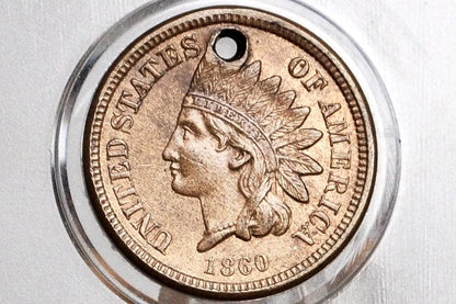 1860 Indian Head Penny - Uncirculated Details, Holed - Round Bust - 1860 Cent Indian Head 1860 Damage Coin / Discount Coin