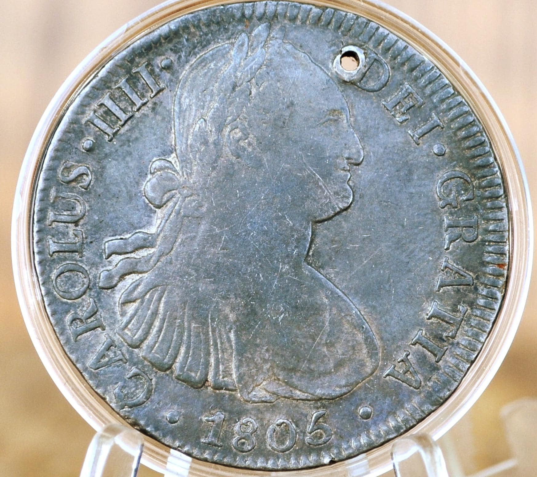 1805 Th Spanish 8 Reales, Mexico - Xf+ Detail, Holed - Spanish Silver Colonial Era Coin - 1796 Fm - Carolus Iiii - 1805 Eight Reales Mexico