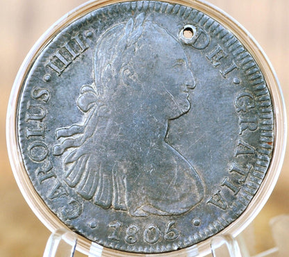 1805 Th Spanish 8 Reales, Mexico - Xf+ Detail, Holed - Spanish Silver Colonial Era Coin - 1796 Fm - Carolus Iiii - 1805 Eight Reales Mexico