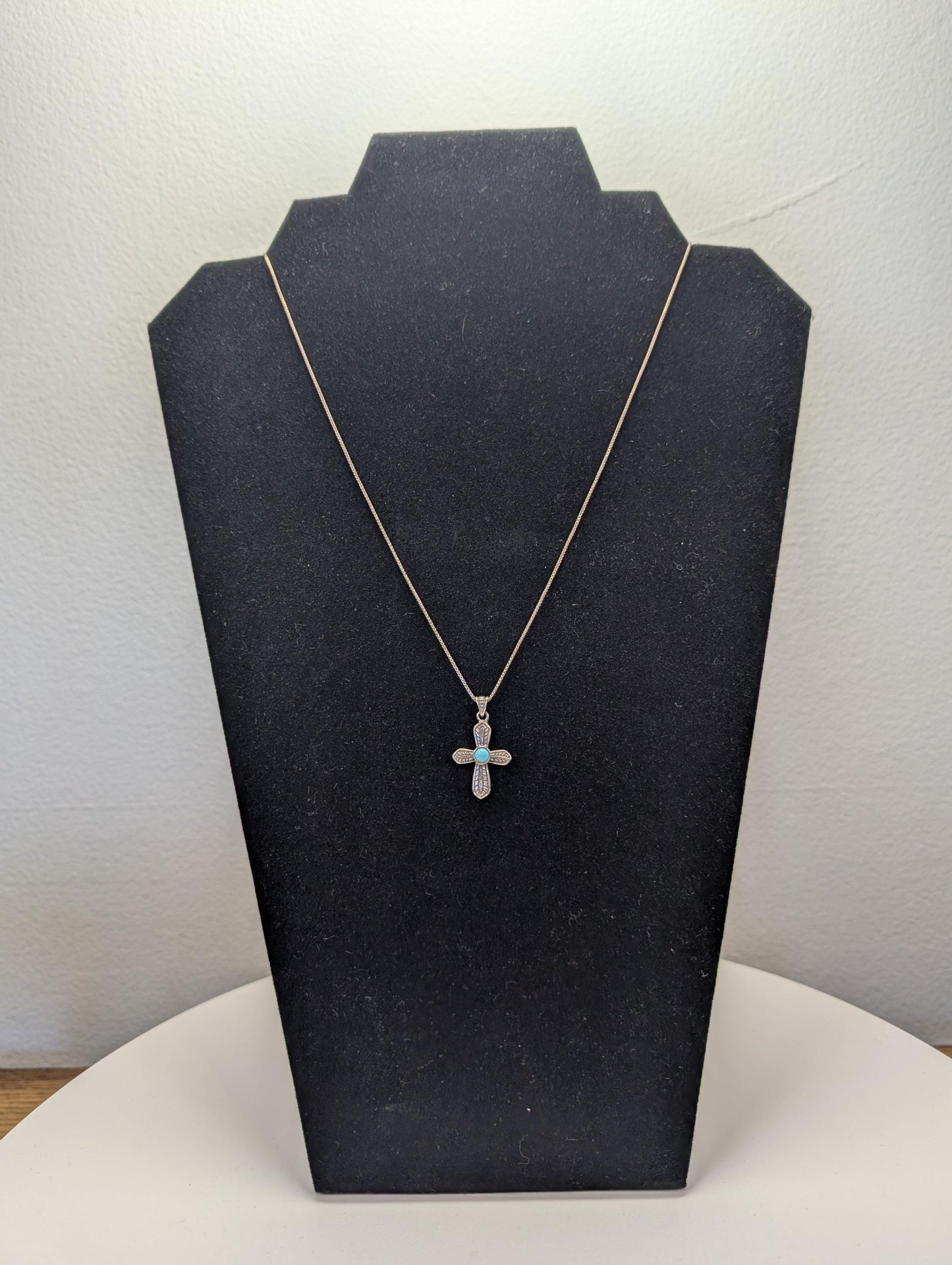 Sterling Silver Turquoise Cross Necklace - 18 Inches - Stamped and Tested Sterling Silver - Crucifix Pendant