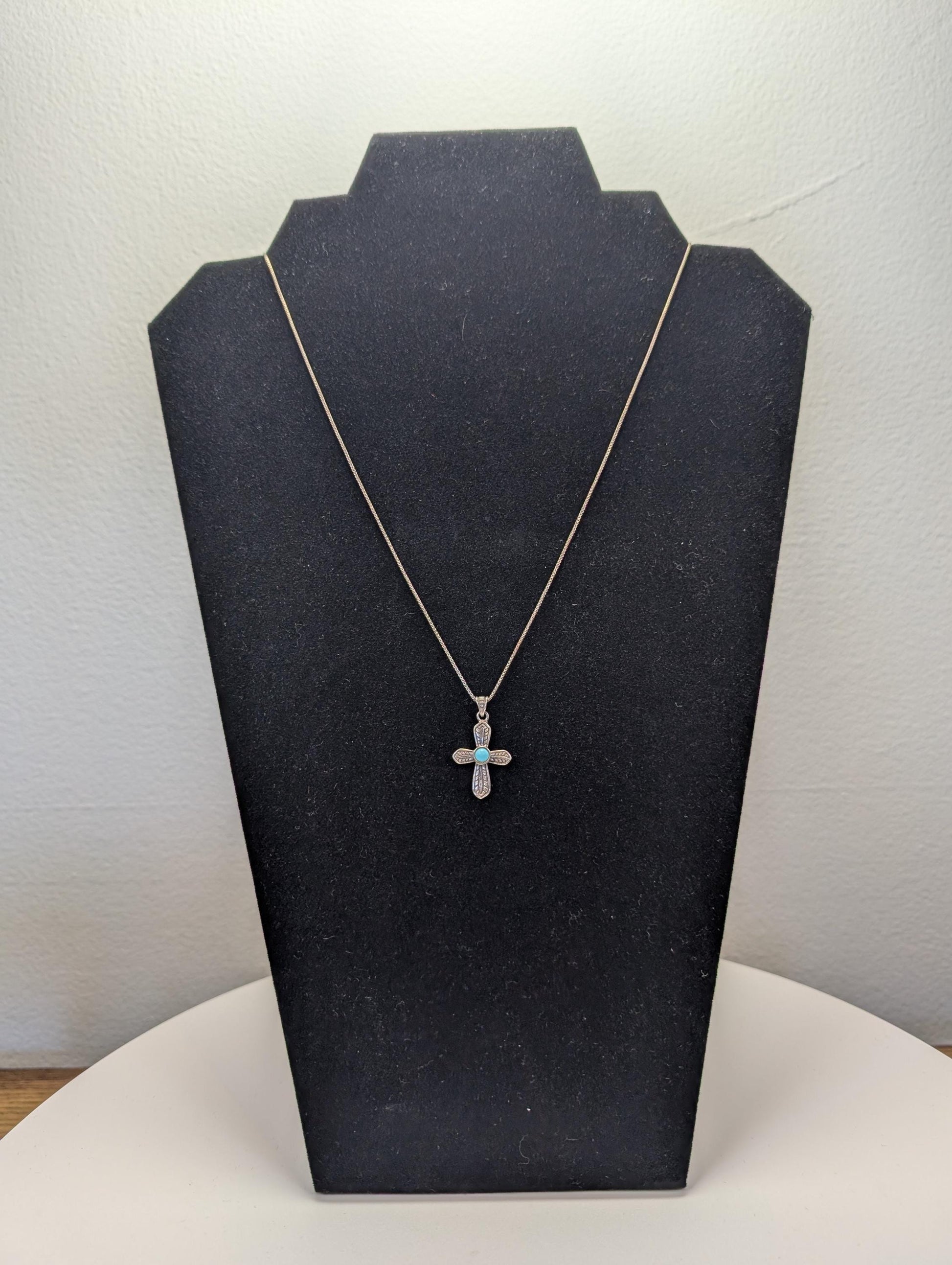 Sterling Silver Turquoise Cross Necklace - 18 Inches - Stamped and Tested Sterling Silver - Crucifix Pendant
