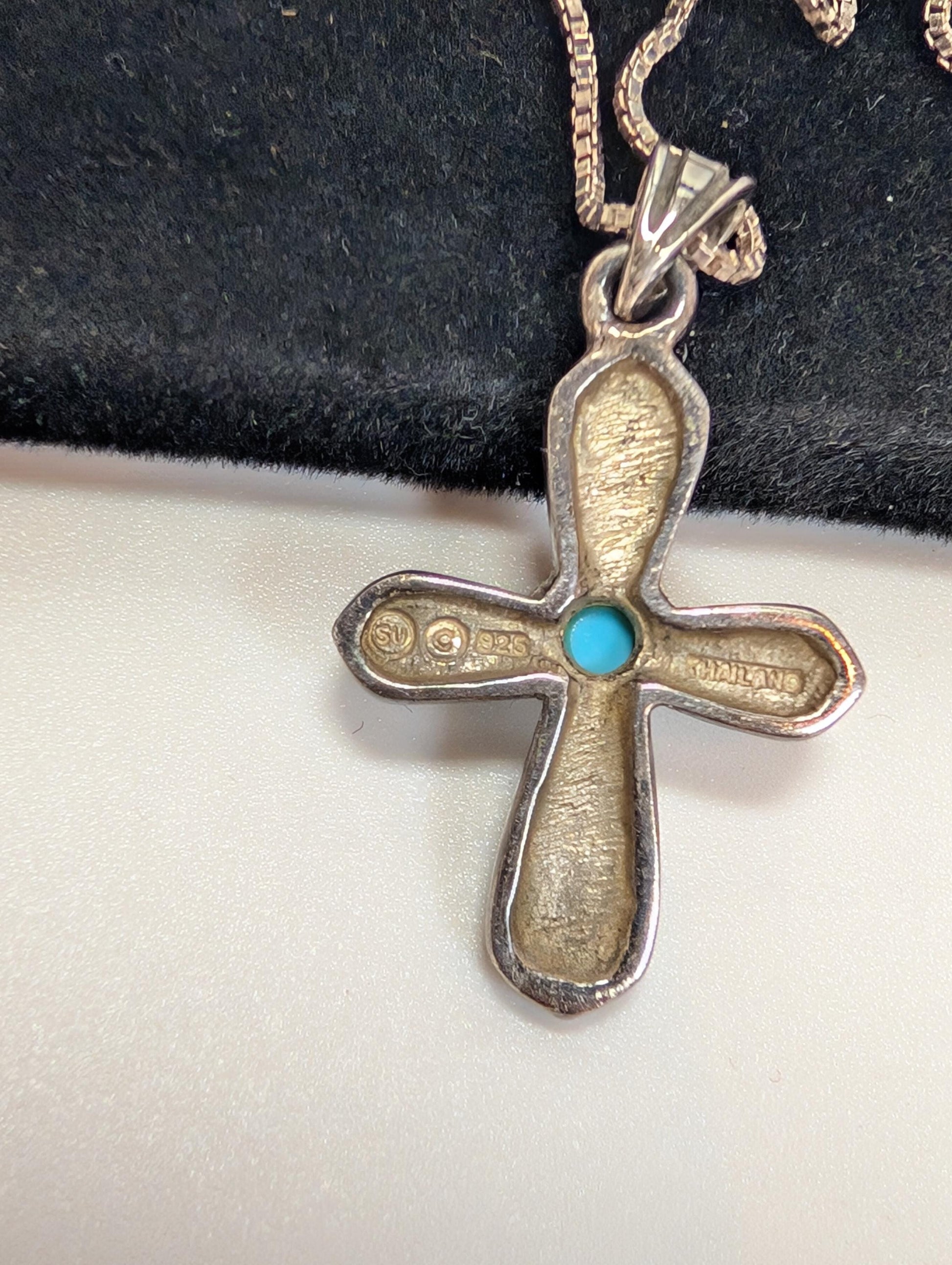Sterling Silver Turquoise Cross Necklace - 18 Inches - Stamped and Tested Sterling Silver - Crucifix Pendant